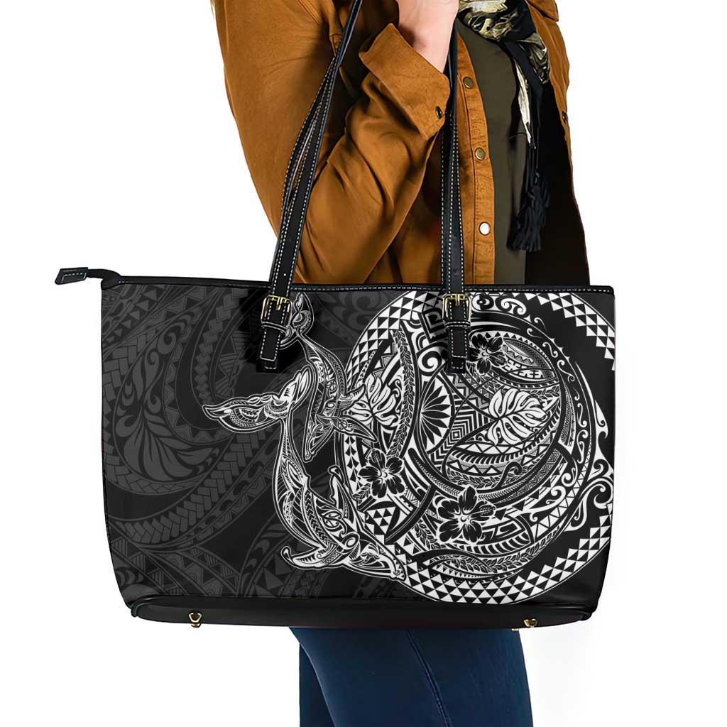 Hawaiian Whales Polynesian Art Motifs Leather Tote Bag Black Color LT03 - Polynesian Pride