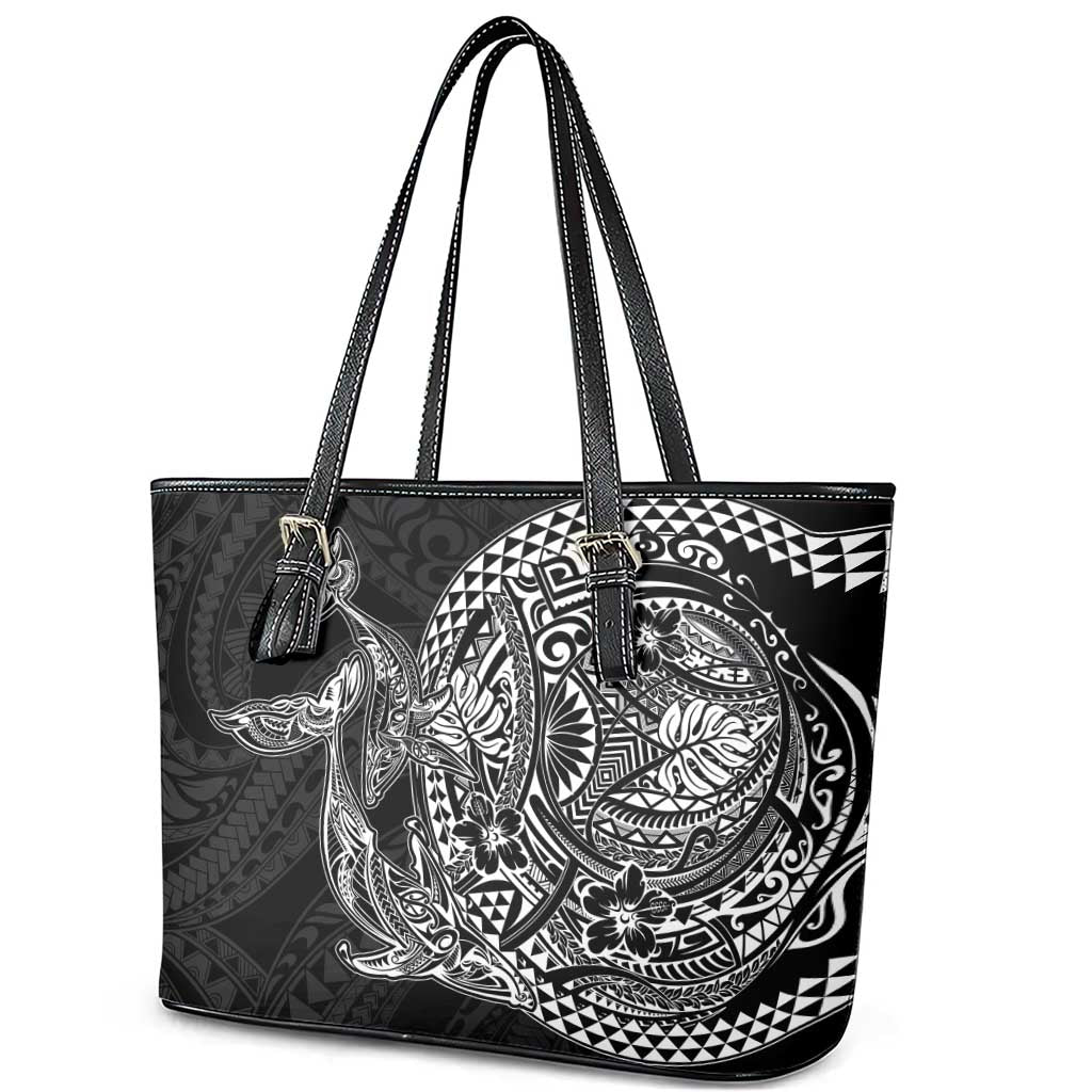 Hawaiian Whales Polynesian Art Motifs Leather Tote Bag Black Color LT03 - Polynesian Pride