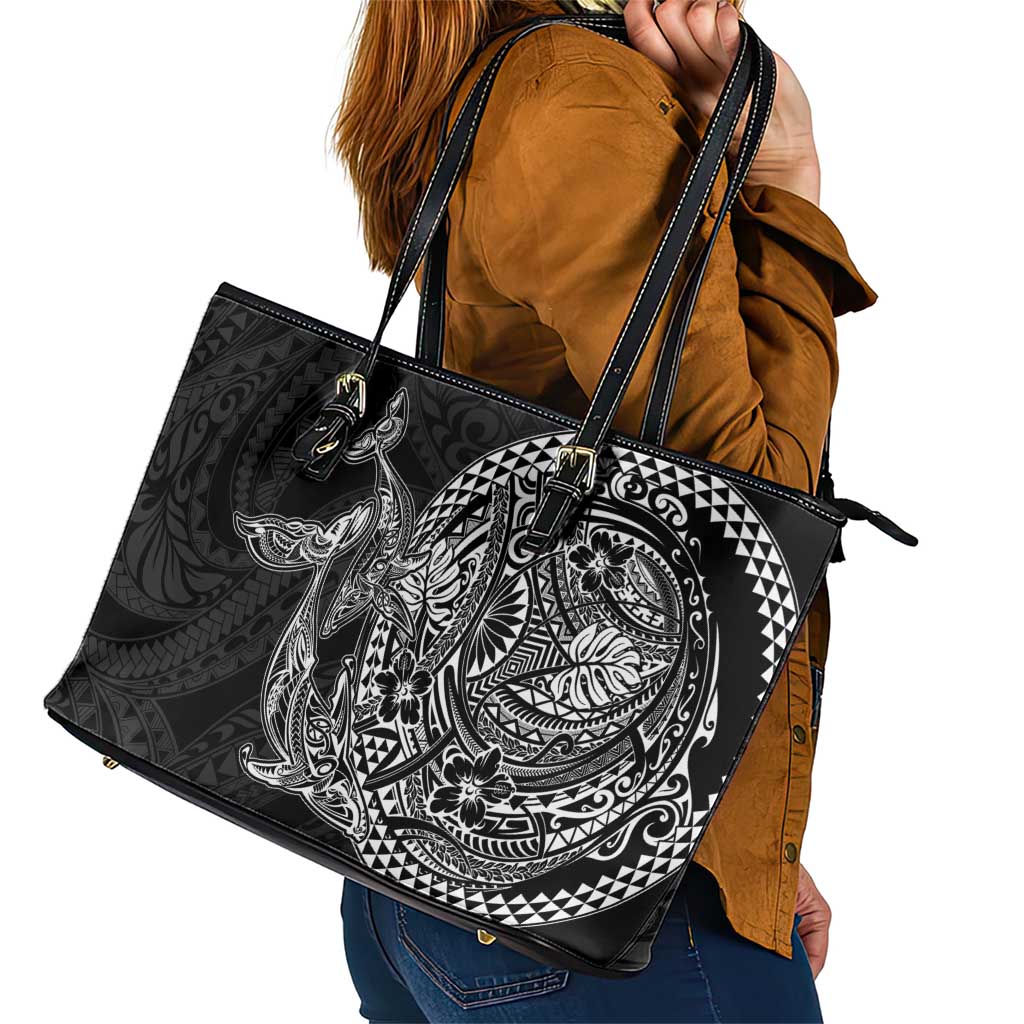 Hawaiian Whales Polynesian Art Motifs Leather Tote Bag Black Color LT03 - Polynesian Pride