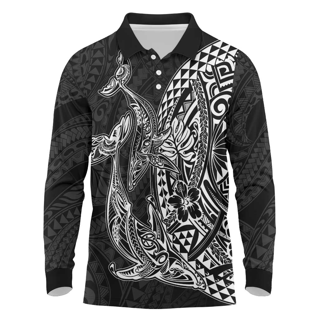 Hawaiian Whales Polynesian Art Motifs Long Sleeve Polo Shirt Black Color - Polynesian Pride