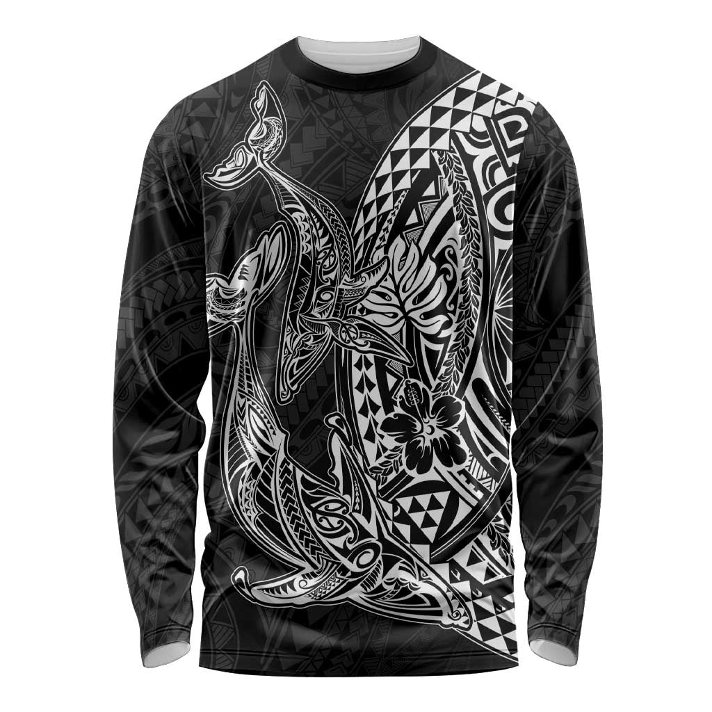 Hawaiian Whales Polynesian Art Motifs Long Sleeve Shirt Black Color - Polynesian Pride