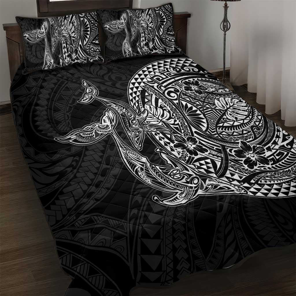 Hawaiian Whales Polynesian Art Motifs Quilt Bed Set Black Color - Polynesian Pride