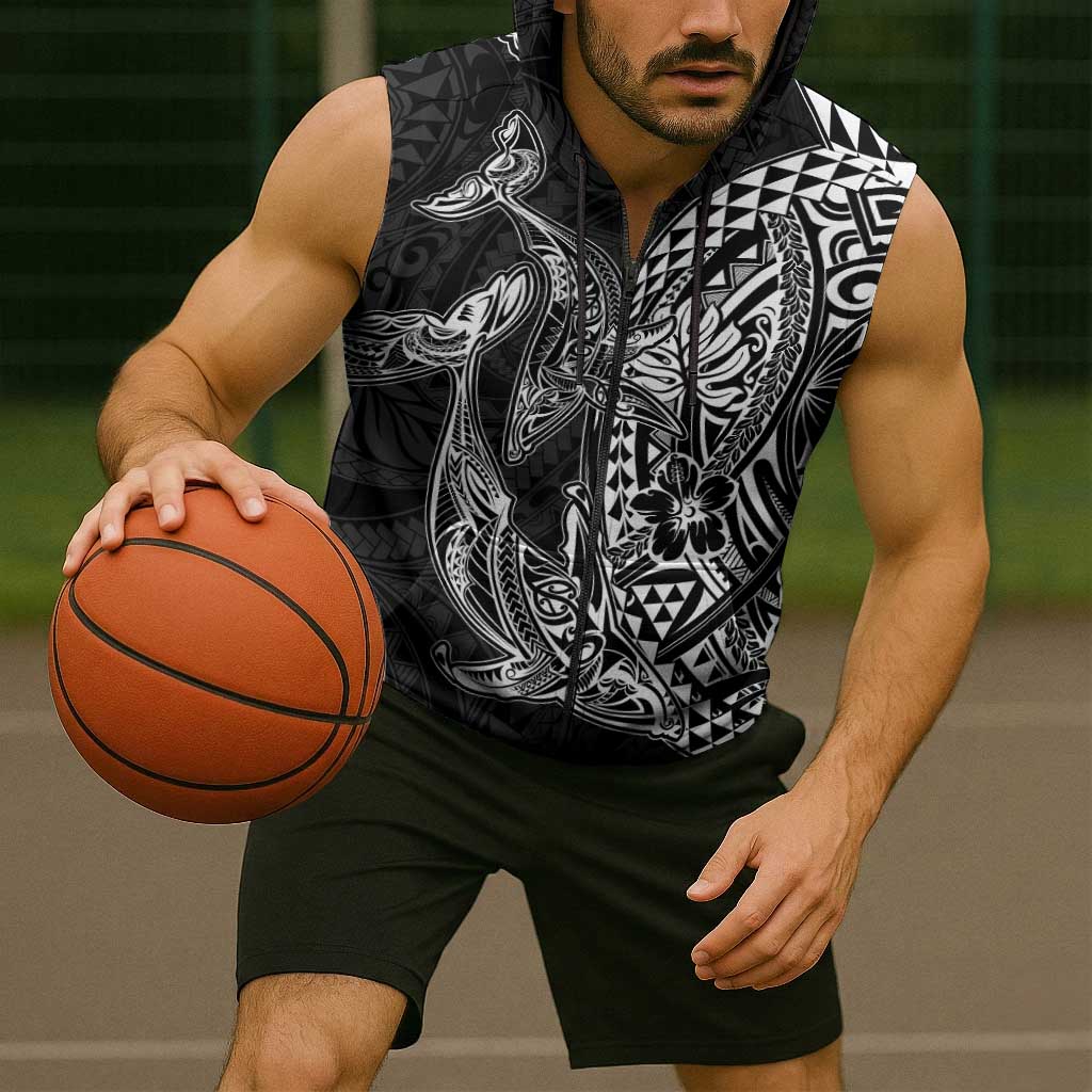 Hawaiian Whales Polynesian Art Motifs Sleeveless Zip Hoodie Black Color - Polynesian Pride