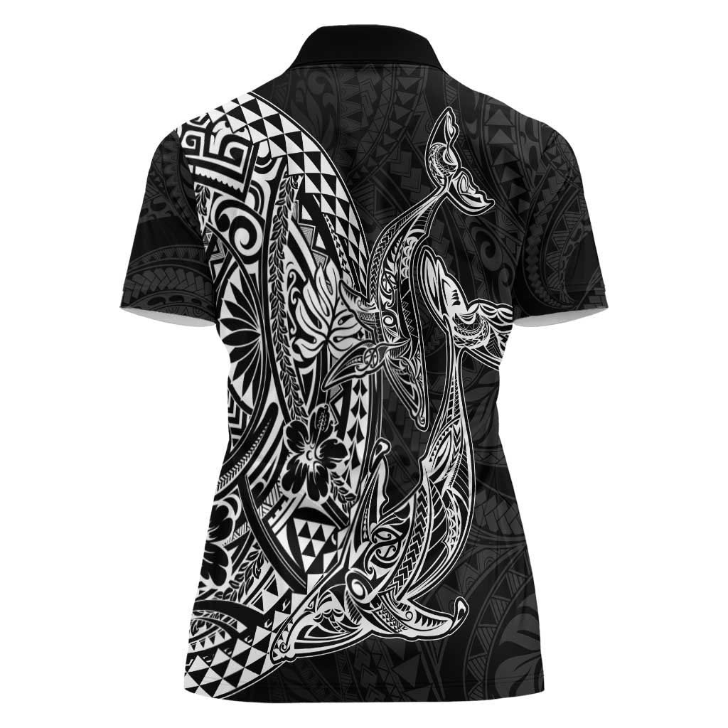Hawaiian Whales Polynesian Art Motifs Women Polo Shirt Black Color - Polynesian Pride