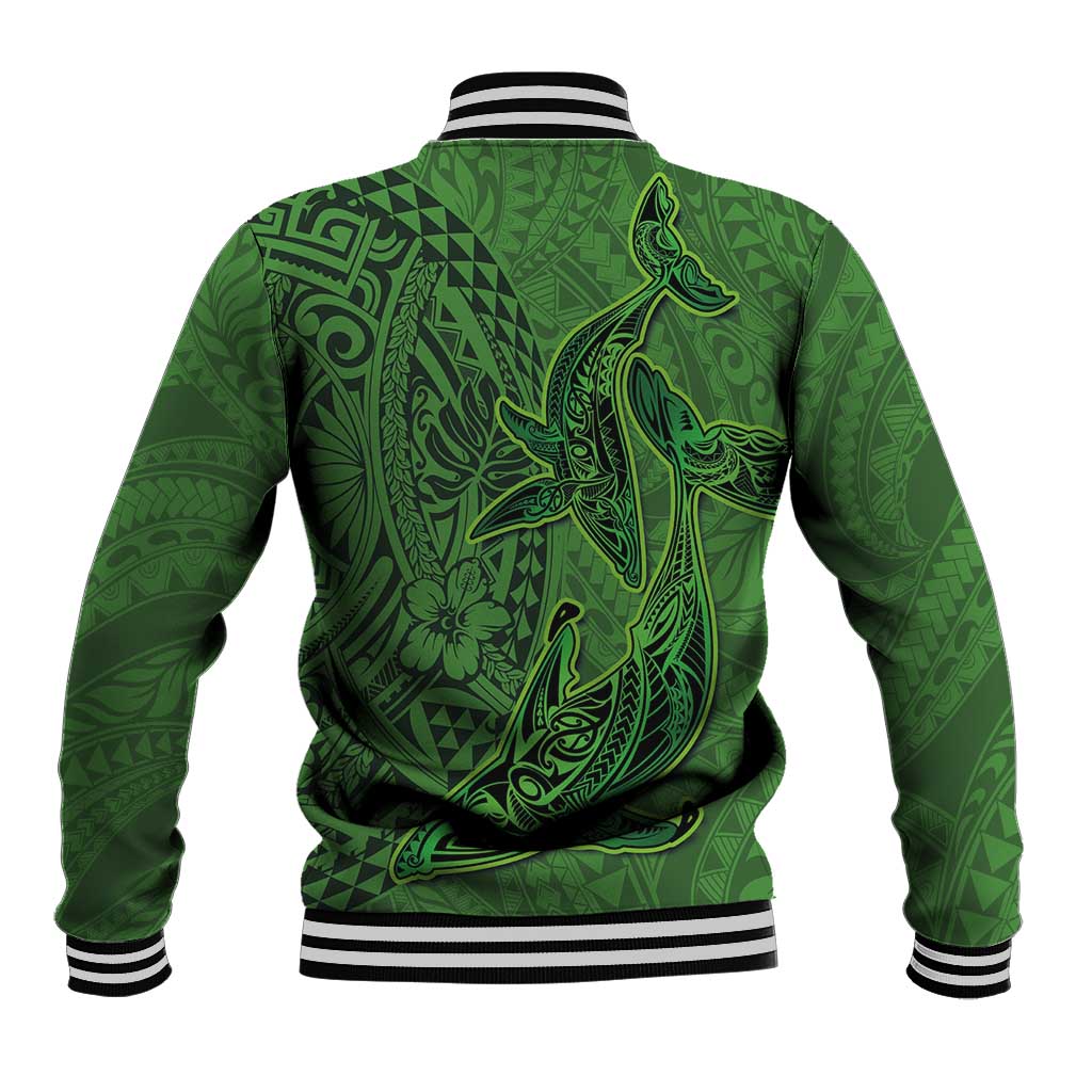 Hawaiian Whales Polynesian Art Motifs Baseball Jacket Green Color - Polynesian Pride