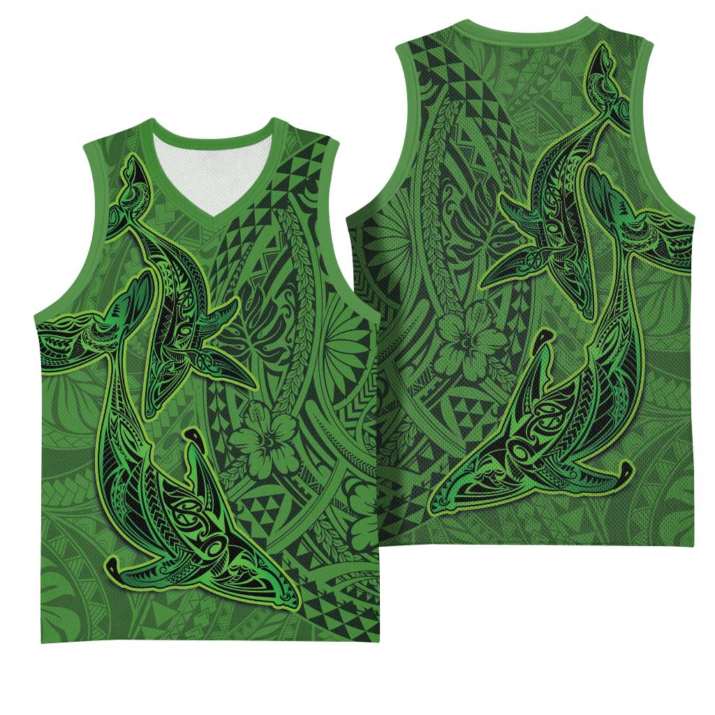Hawaiian Whales Polynesian Art Motifs Basketball Jersey Green Color - Polynesian Pride