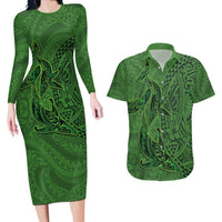 Hawaiian Whales Polynesian Art Motifs Couples Matching Long Sleeve Bodycon Dress and Hawaiian Shirt Green Color LT03 Green - Polynesian Pride