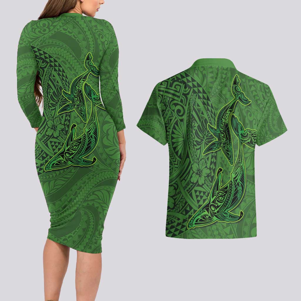 Hawaiian Whales Polynesian Art Motifs Couples Matching Long Sleeve Bodycon Dress and Hawaiian Shirt Green Color LT03 - Polynesian Pride