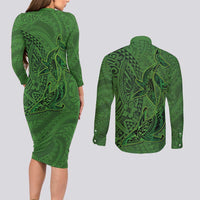 Hawaiian Whales Polynesian Art Motifs Couples Matching Long Sleeve Bodycon Dress and Long Sleeve Button Shirt Green Color LT03 - Polynesian Pride