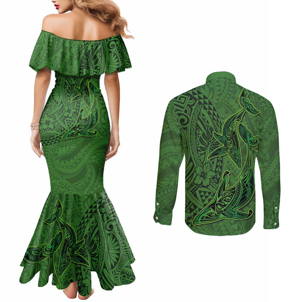 Hawaiian Whales Polynesian Art Motifs Couples Matching Mermaid Dress and Long Sleeve Button Shirt Green Color LT03 - Polynesian Pride