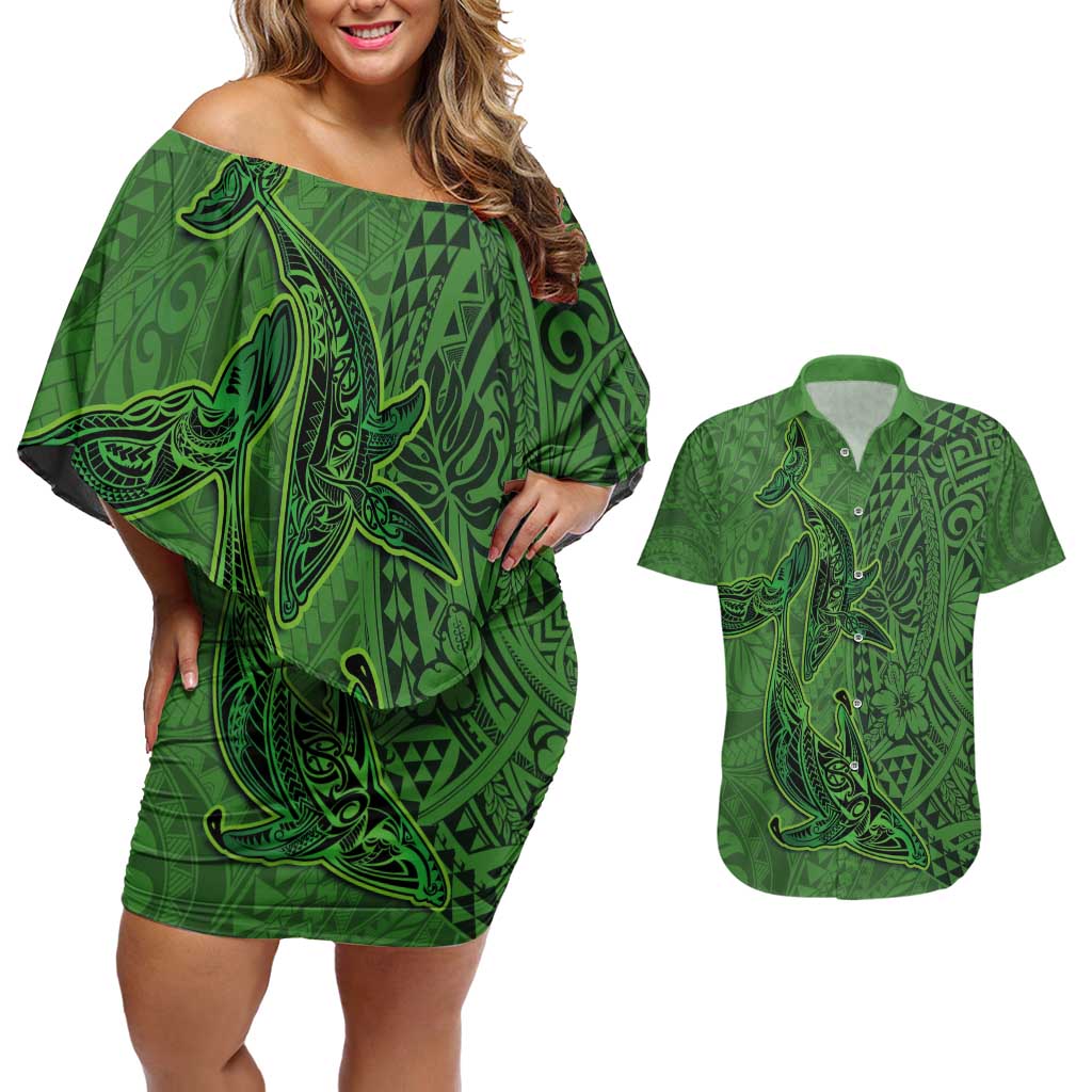 Hawaiian Whales Polynesian Art Motifs Couples Matching Off Shoulder Short Dress and Hawaiian Shirt Green Color LT03 Green - Polynesian Pride