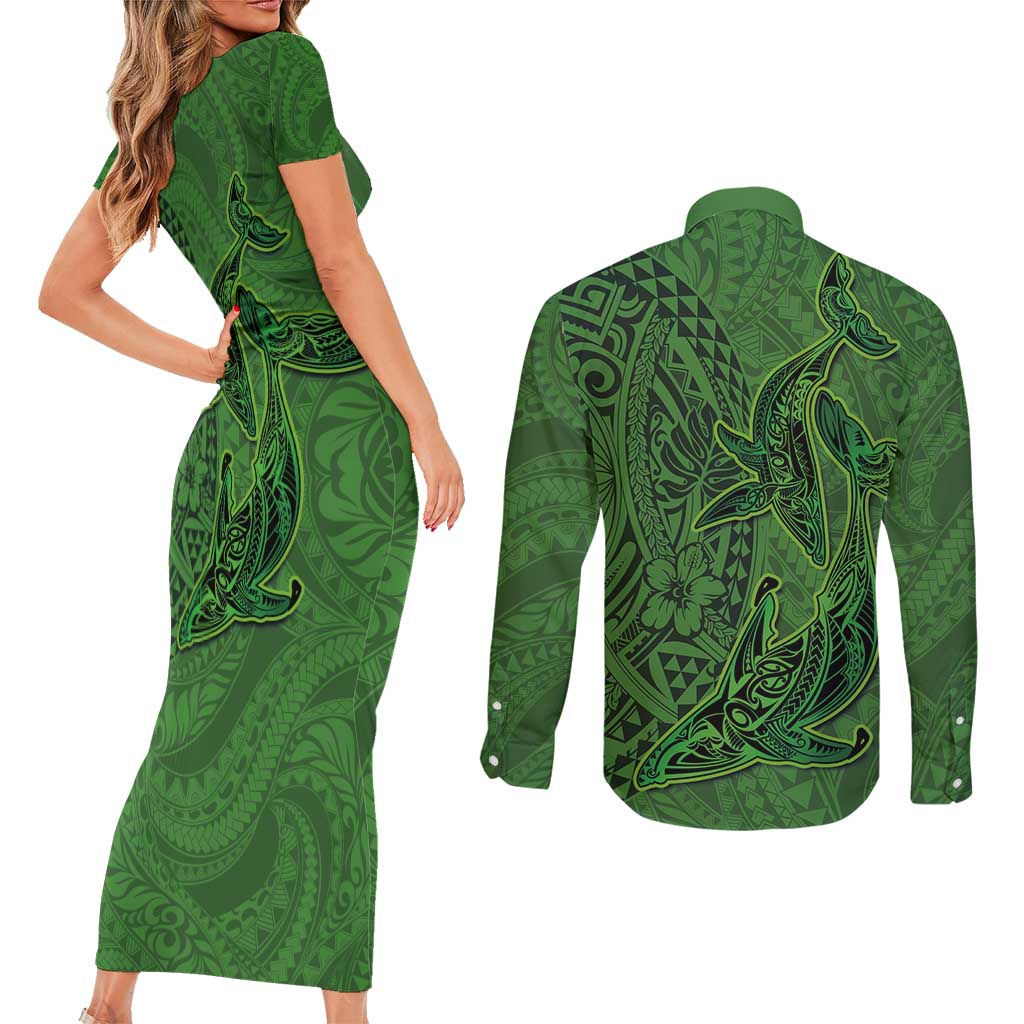 Hawaiian Whales Polynesian Art Motifs Couples Matching Short Sleeve Bodycon Dress and Long Sleeve Button Shirt Green Color LT03 - Polynesian Pride