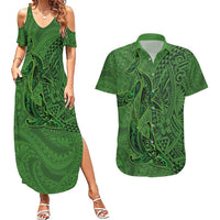 Hawaiian Whales Polynesian Art Motifs Couples Matching Summer Maxi Dress and Hawaiian Shirt Green Color LT03 Green - Polynesian Pride