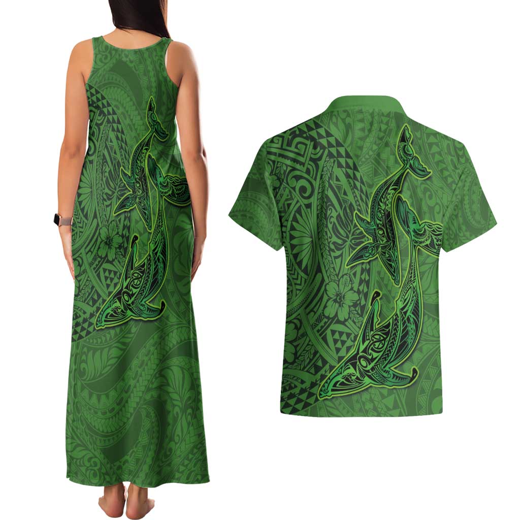 Hawaiian Whales Polynesian Art Motifs Couples Matching Tank Maxi Dress and Hawaiian Shirt Green Color LT03 - Polynesian Pride
