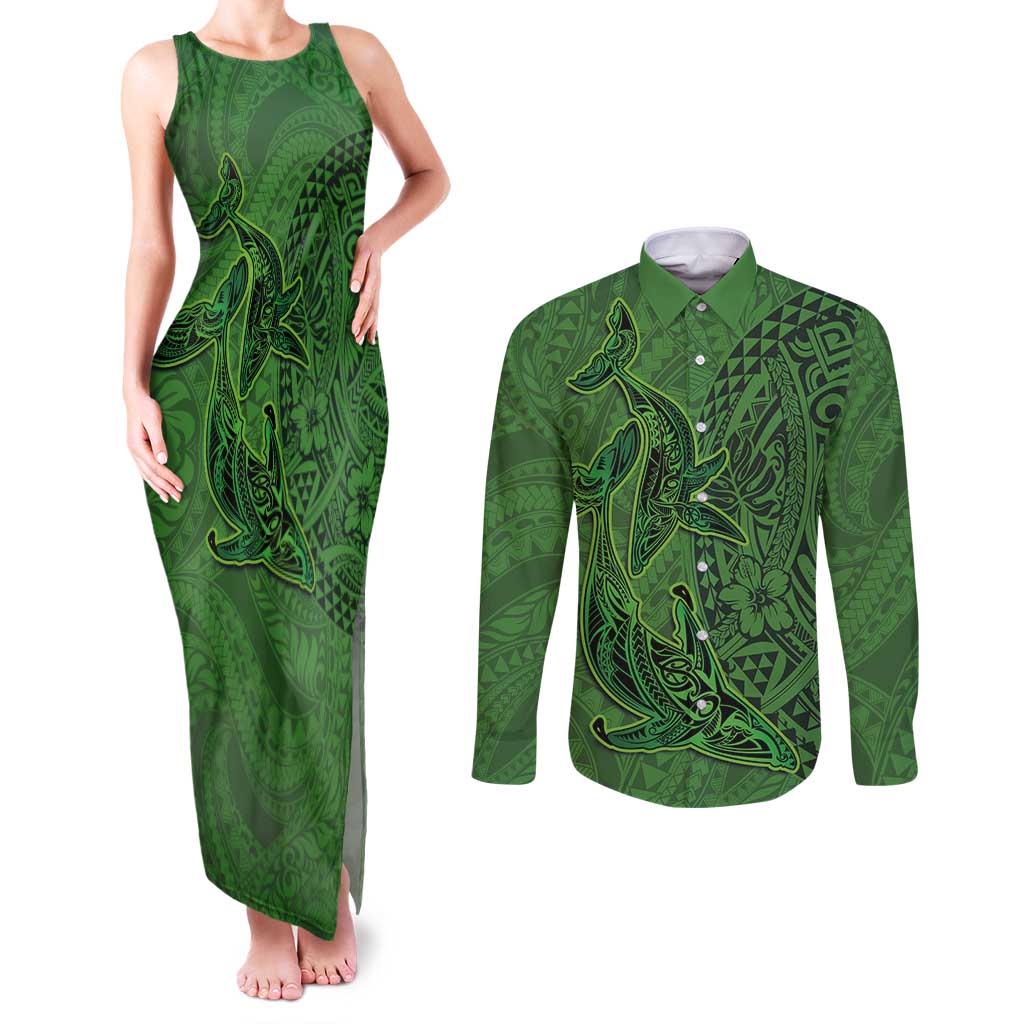 Hawaiian Whales Polynesian Art Motifs Couples Matching Tank Maxi Dress and Long Sleeve Button Shirt Green Color - Polynesian Pride