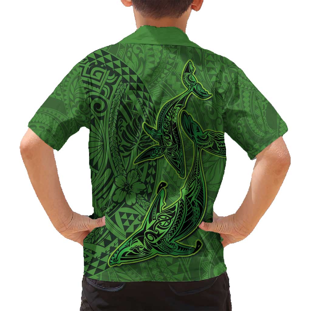 Hawaiian Whales Polynesian Art Motifs Family Matching Long Sleeve Bodycon Dress and Hawaiian Shirt Green Color LT03 - Polynesian Pride