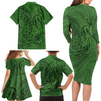Hawaiian Whales Polynesian Art Motifs Family Matching Long Sleeve Bodycon Dress and Hawaiian Shirt Green Color LT03 - Polynesian Pride
