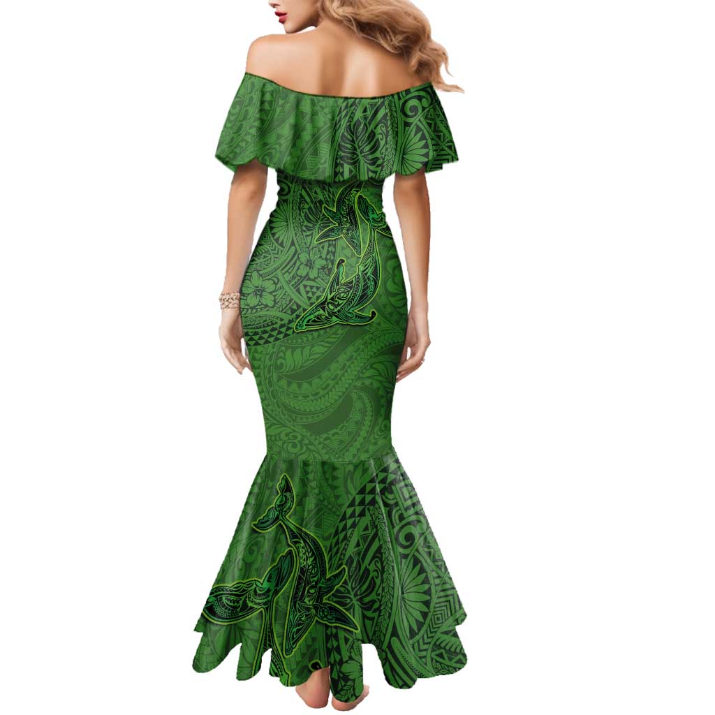Hawaiian Whales Polynesian Art Motifs Family Matching Mermaid Dress and Hawaiian Shirt Green Color LT03 - Polynesian Pride