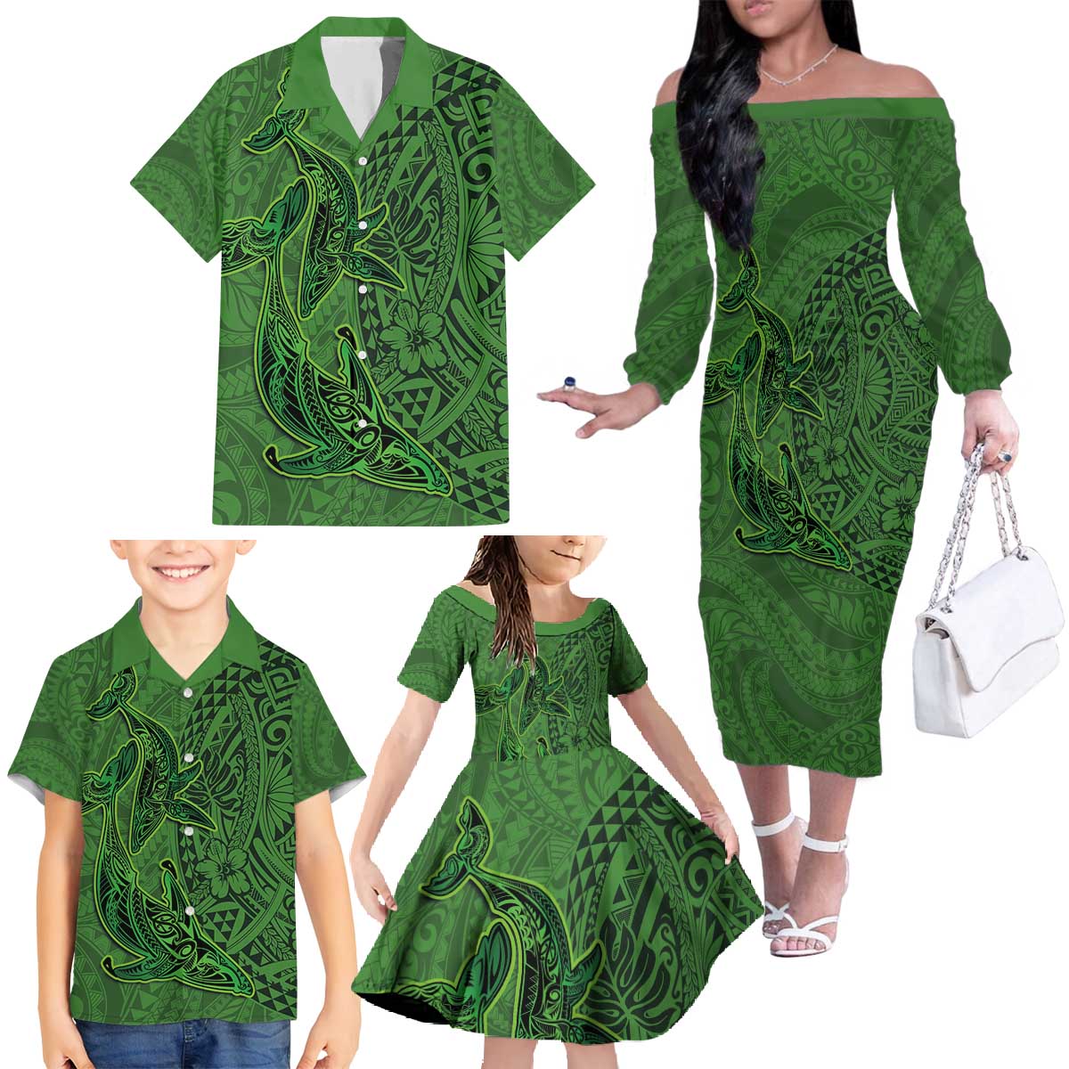 Hawaiian Whales Polynesian Art Motifs Family Matching Off The Shoulder Long Sleeve Dress and Hawaiian Shirt Green Color LT03 - Polynesian Pride