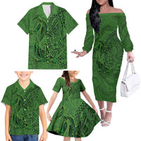 Hawaiian Whales Polynesian Art Motifs Family Matching Off The Shoulder Long Sleeve Dress and Hawaiian Shirt Green Color LT03 - Polynesian Pride