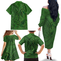Hawaiian Whales Polynesian Art Motifs Family Matching Off The Shoulder Long Sleeve Dress and Hawaiian Shirt Green Color LT03 - Polynesian Pride