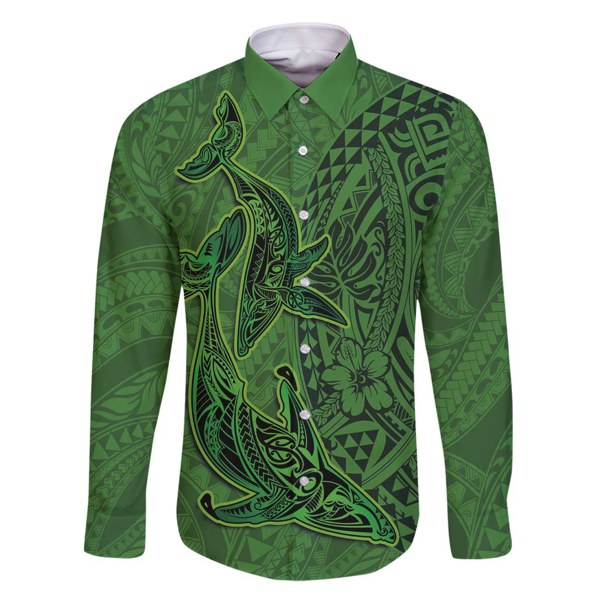 Hawaiian Whales Polynesian Art Motifs Family Matching Off The Shoulder Long Sleeve Dress and Hawaiian Shirt Green Color LT03 Dad's Shirt - Long Sleeve Green - Polynesian Pride