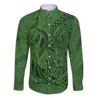 Hawaiian Whales Polynesian Art Motifs Family Matching Off The Shoulder Long Sleeve Dress and Hawaiian Shirt Green Color LT03 Dad's Shirt - Long Sleeve Green - Polynesian Pride