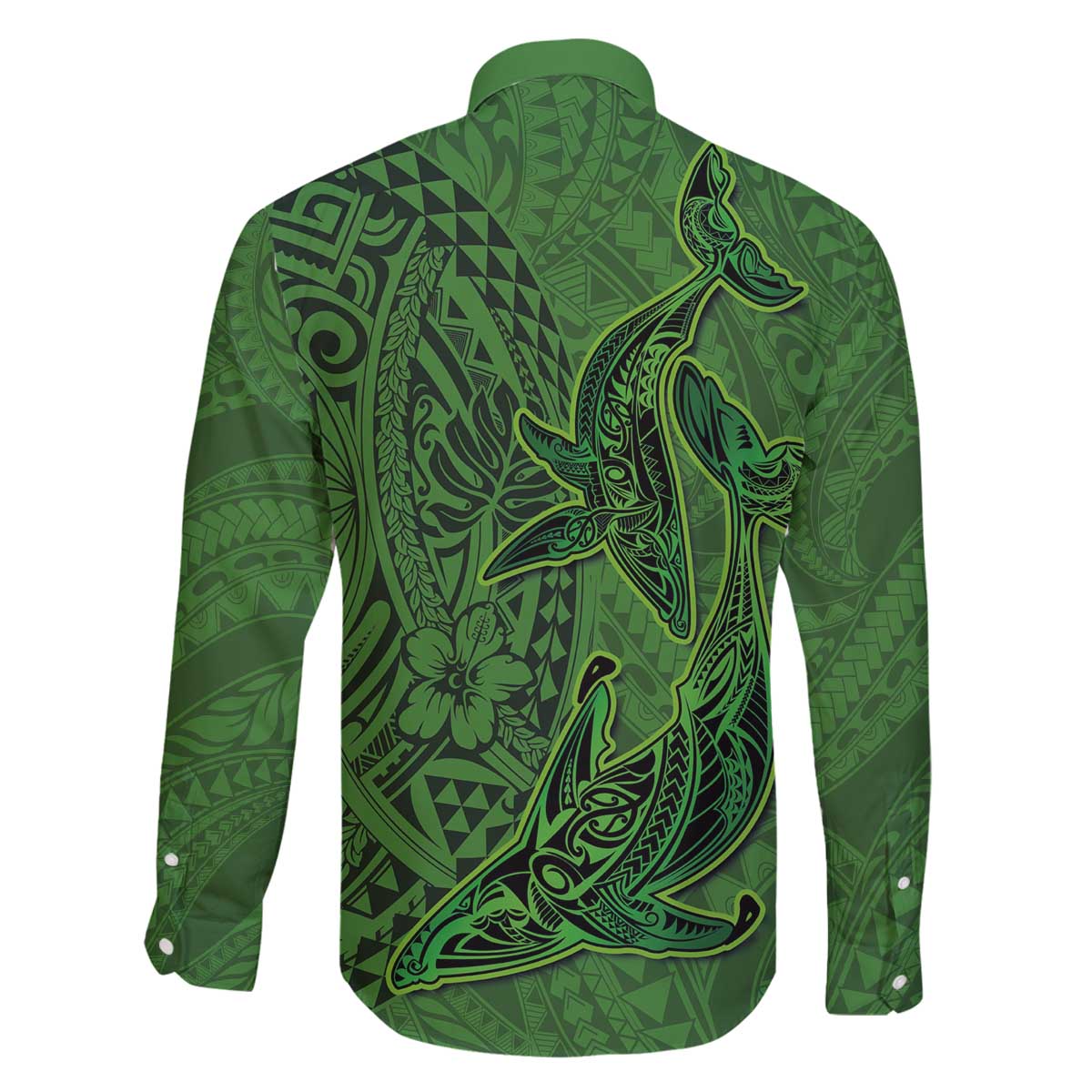 Hawaiian Whales Polynesian Art Motifs Family Matching Off The Shoulder Long Sleeve Dress and Hawaiian Shirt Green Color LT03 - Polynesian Pride