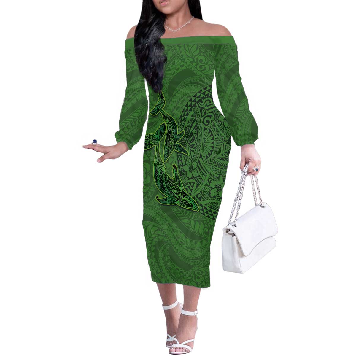 Hawaiian Whales Polynesian Art Motifs Family Matching Off The Shoulder Long Sleeve Dress and Hawaiian Shirt Green Color LT03 Mom's Dress Green - Polynesian Pride