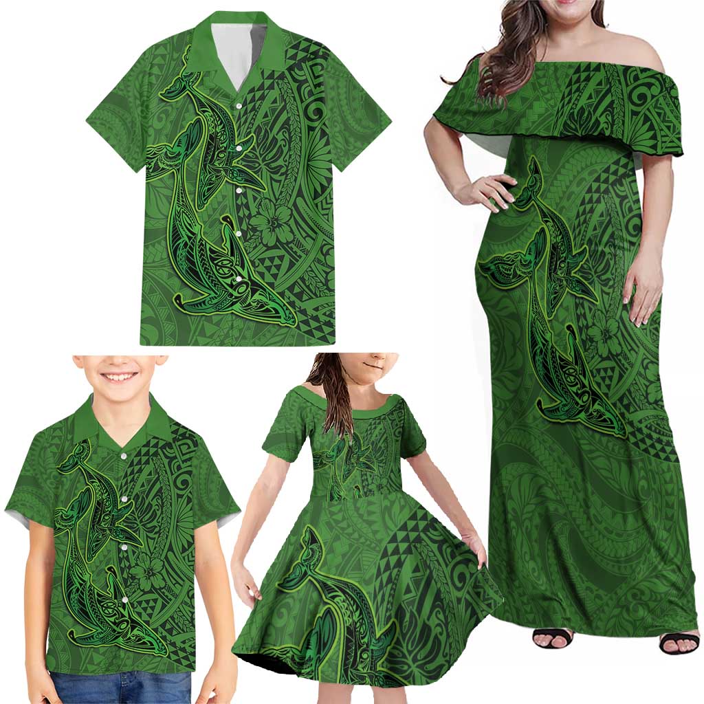 Hawaiian Whales Polynesian Art Motifs Family Matching Off Shoulder Maxi Dress and Hawaiian Shirt Green Color LT03 - Polynesian Pride