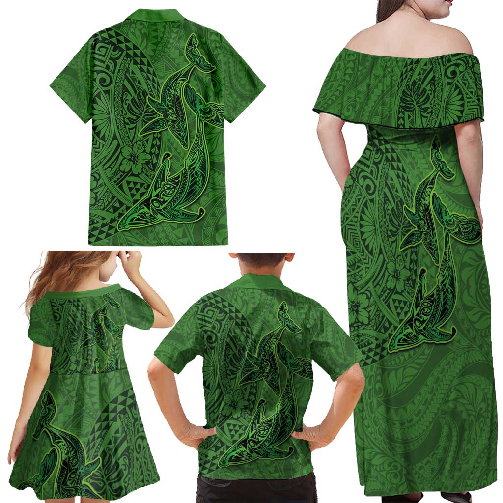 Hawaiian Whales Polynesian Art Motifs Family Matching Off Shoulder Maxi Dress and Hawaiian Shirt Green Color LT03 - Polynesian Pride