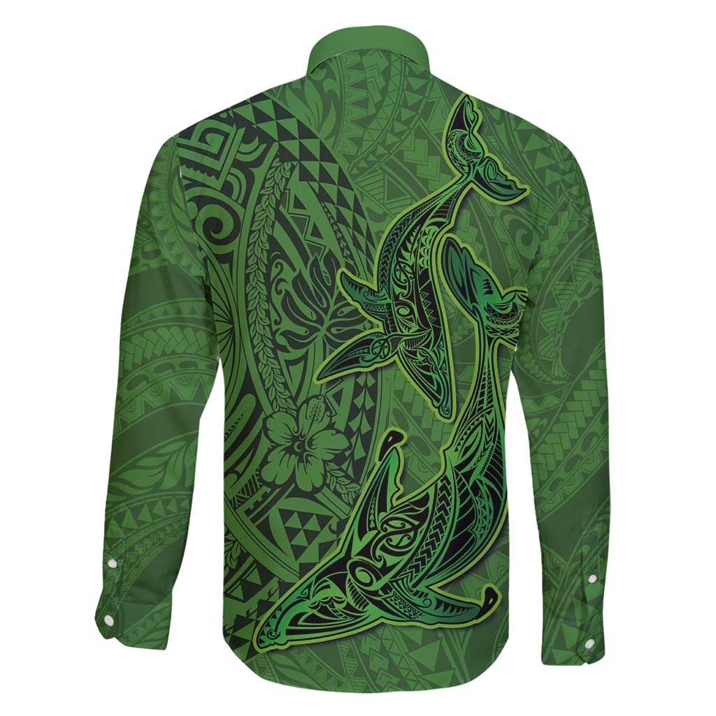 Hawaiian Whales Polynesian Art Motifs Family Matching Off Shoulder Maxi Dress and Hawaiian Shirt Green Color LT03 - Polynesian Pride