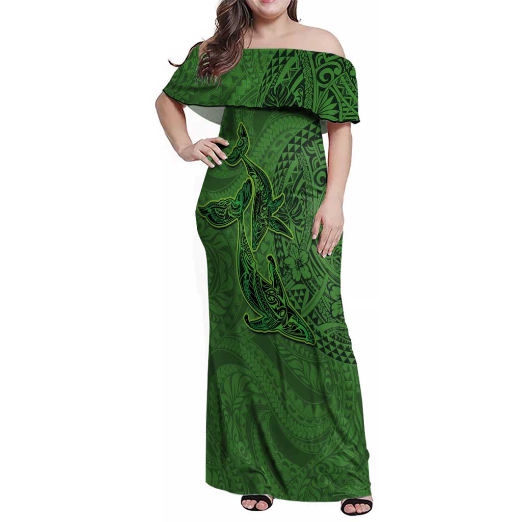 Hawaiian Whales Polynesian Art Motifs Family Matching Off Shoulder Maxi Dress and Hawaiian Shirt Green Color LT03 Mom's Dress Green - Polynesian Pride