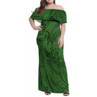 Hawaiian Whales Polynesian Art Motifs Family Matching Off Shoulder Maxi Dress and Hawaiian Shirt Green Color LT03 Mom's Dress Green - Polynesian Pride