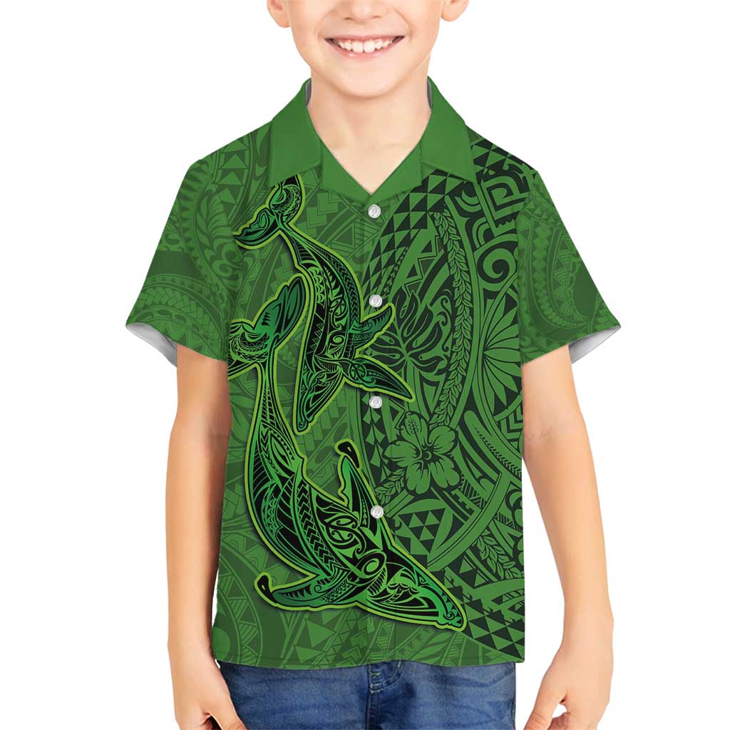 Hawaiian Whales Polynesian Art Motifs Family Matching Off Shoulder Short Dress and Hawaiian Shirt Green Color LT03 Son's Shirt Green - Polynesian Pride