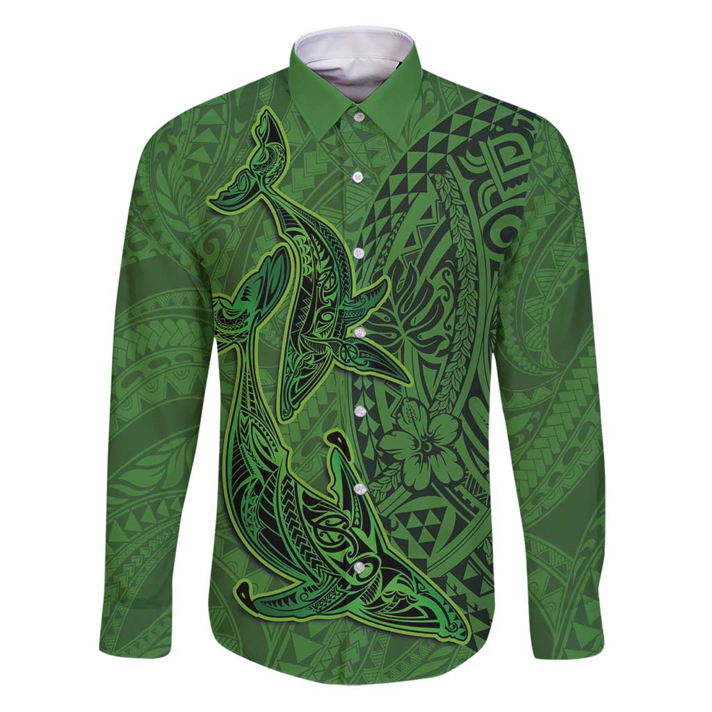 Hawaiian Whales Polynesian Art Motifs Family Matching Puletasi and Hawaiian Shirt Green Color LT03 Dad's Shirt - Long Sleeve Green - Polynesian Pride