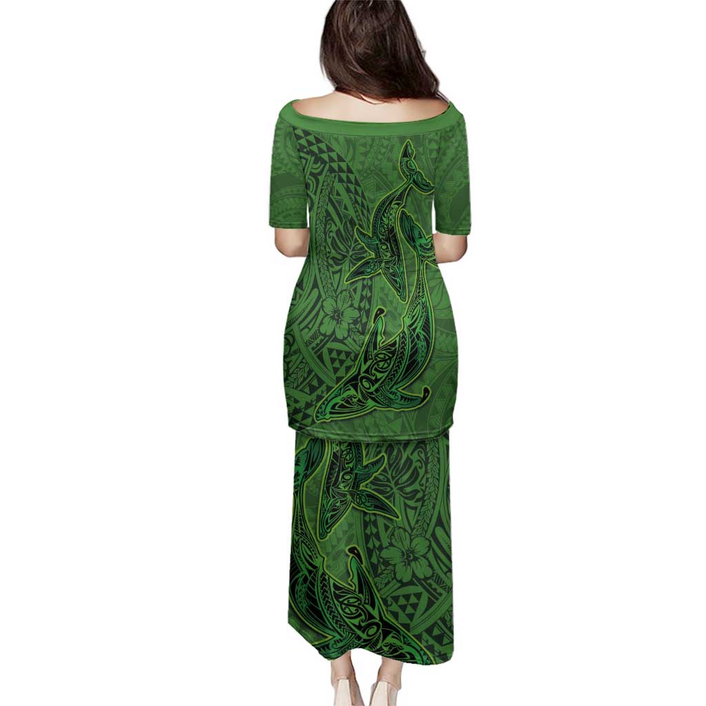 Hawaiian Whales Polynesian Art Motifs Family Matching Puletasi and Hawaiian Shirt Green Color LT03 - Polynesian Pride