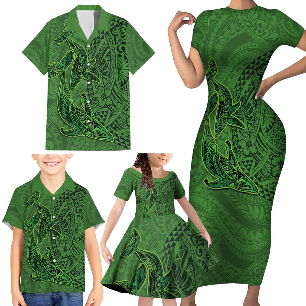 Hawaiian Whales Polynesian Art Motifs Family Matching Short Sleeve Bodycon Dress and Hawaiian Shirt Green Color LT03 - Polynesian Pride