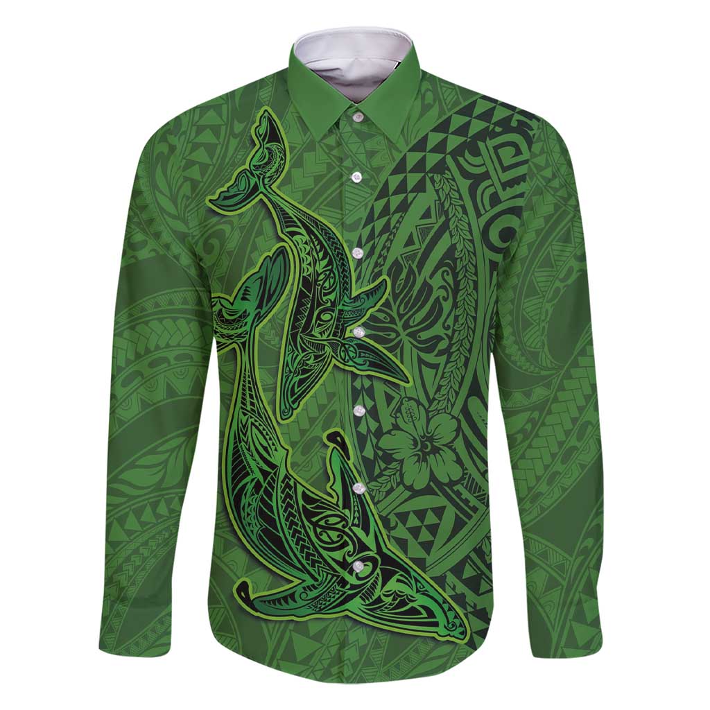 Hawaiian Whales Polynesian Art Motifs Family Matching Short Sleeve Bodycon Dress and Hawaiian Shirt Green Color LT03 Dad's Shirt - Long Sleeve Green - Polynesian Pride