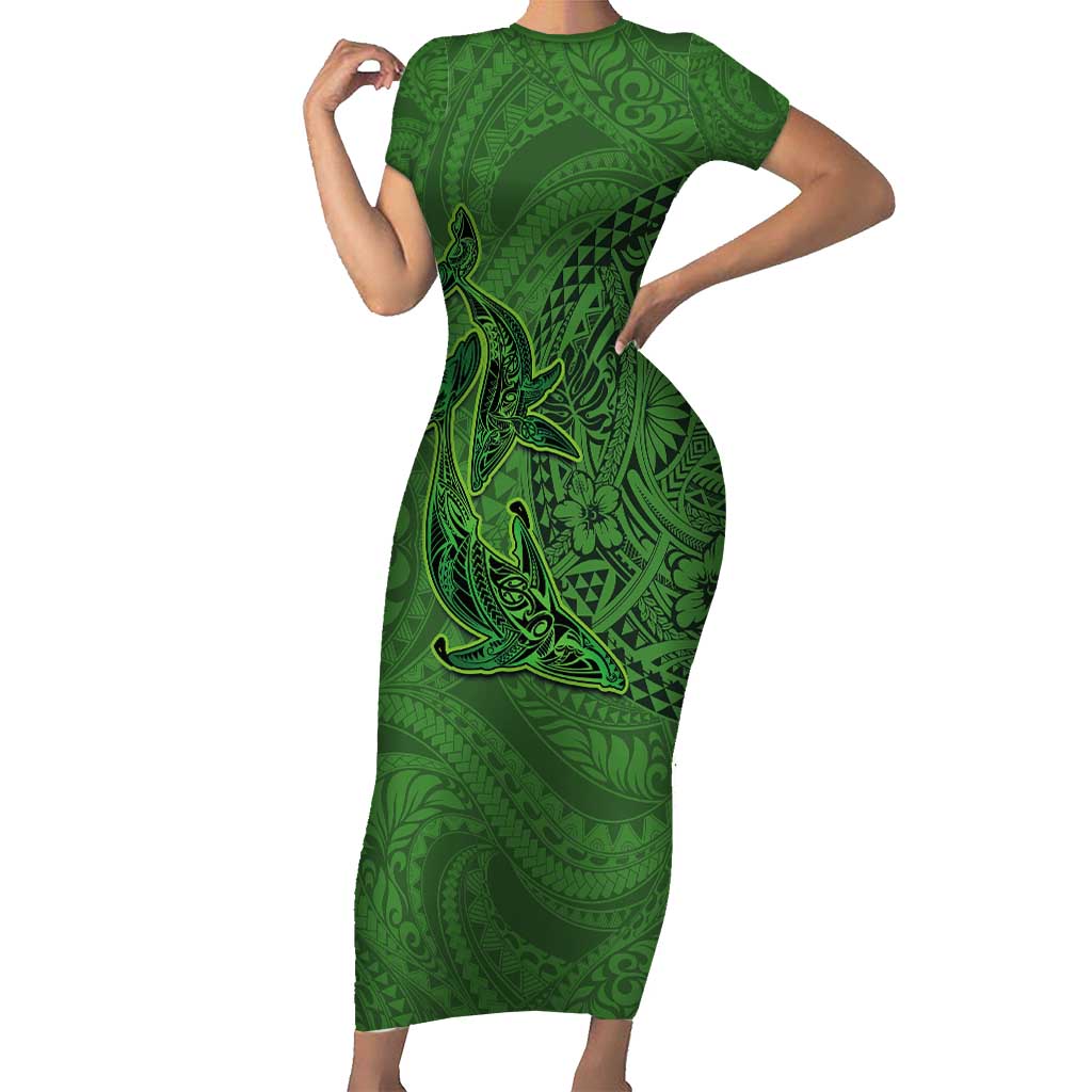 Hawaiian Whales Polynesian Art Motifs Family Matching Short Sleeve Bodycon Dress and Hawaiian Shirt Green Color LT03 Mom's Dress Green - Polynesian Pride