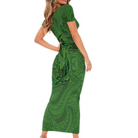 Hawaiian Whales Polynesian Art Motifs Family Matching Short Sleeve Bodycon Dress and Hawaiian Shirt Green Color LT03 - Polynesian Pride