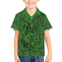 Hawaiian Whales Polynesian Art Motifs Family Matching Short Sleeve Bodycon Dress and Hawaiian Shirt Green Color LT03 Son's Shirt Green - Polynesian Pride
