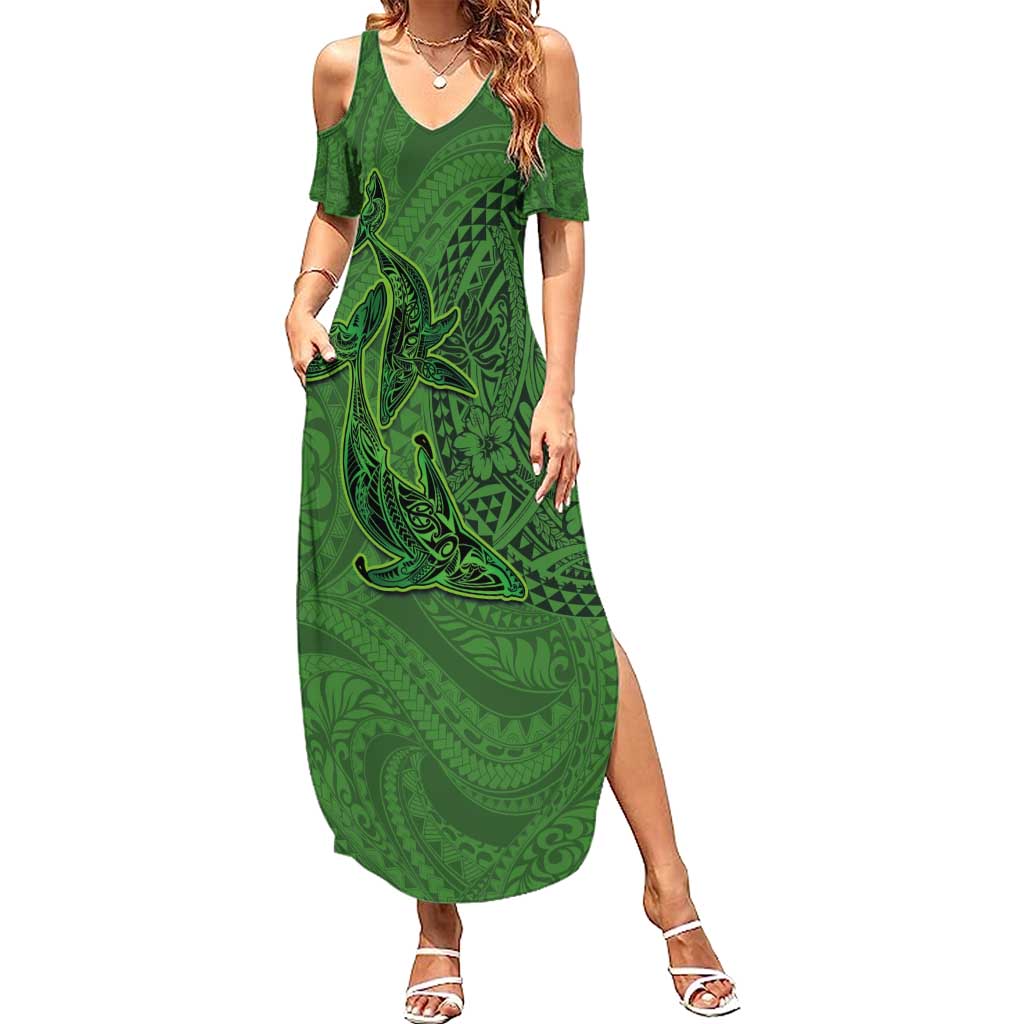 Hawaiian Whales Polynesian Art Motifs Family Matching Summer Maxi Dress and Hawaiian Shirt Green Color LT03 Mom's Dress Green - Polynesian Pride