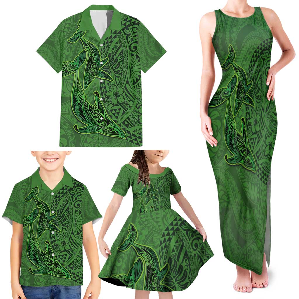 Hawaiian Whales Polynesian Art Motifs Family Matching Tank Maxi Dress and Hawaiian Shirt Green Color LT03 - Polynesian Pride