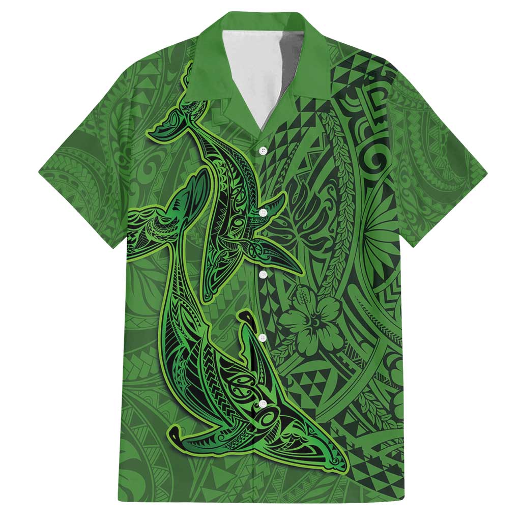 Hawaiian Whales Polynesian Art Motifs Family Matching Tank Maxi Dress and Hawaiian Shirt Green Color LT03 Dad's Shirt - Short Sleeve Green - Polynesian Pride