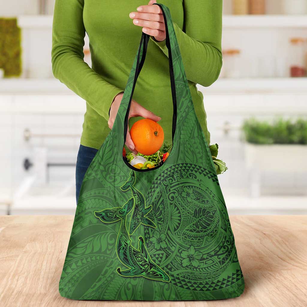 Hawaiian Whales Polynesian Art Motifs Grocery Bag Green Color - Polynesian Pride