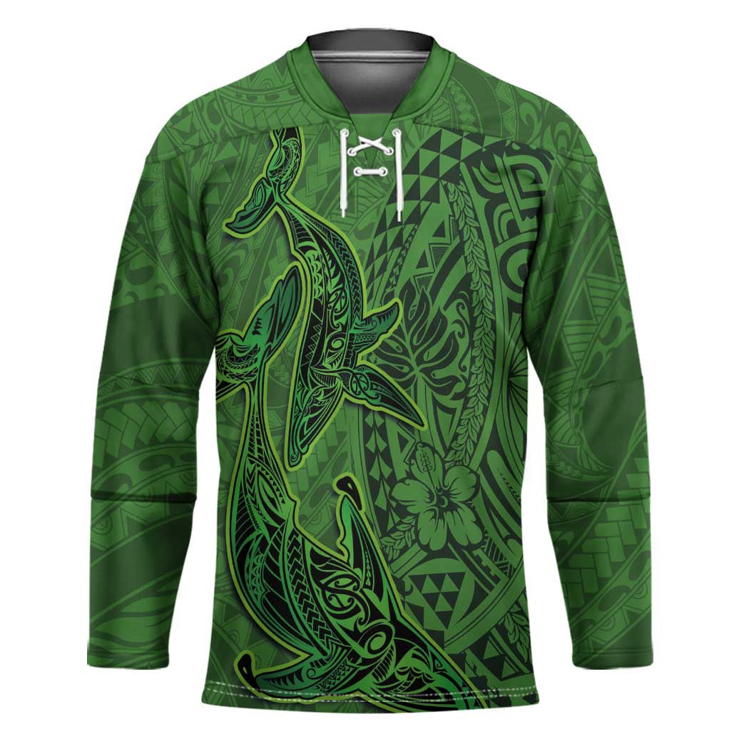 Hawaiian Whales Polynesian Art Motifs Hockey Jersey Green Color - Polynesian Pride