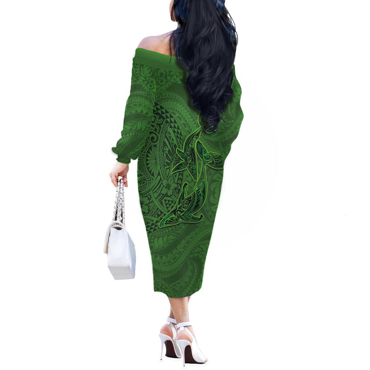 Hawaiian Whales Polynesian Art Motifs Off The Shoulder Long Sleeve Dress Green Color - Polynesian Pride