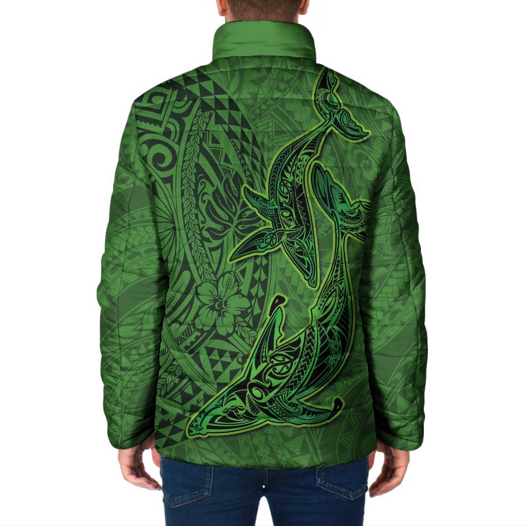 Hawaiian Whales Polynesian Art Motifs Padded Jacket Green Color - Polynesian Pride