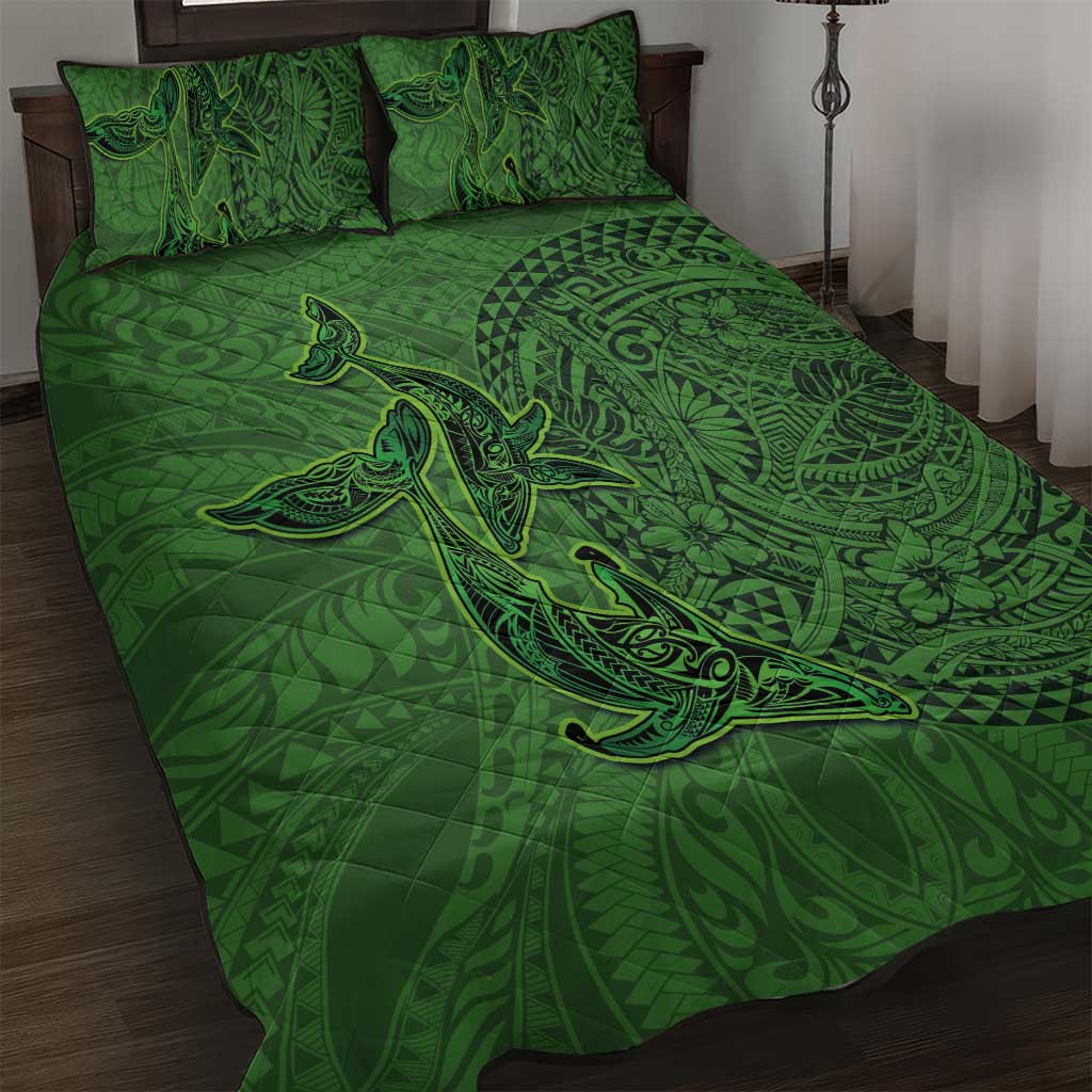 Hawaiian Whales Polynesian Art Motifs Quilt Bed Set Green Color - Polynesian Pride